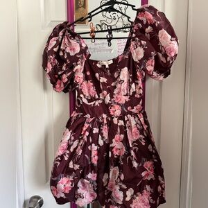 LoveShackFancy Dark Red and Pink Floral Mini Dress